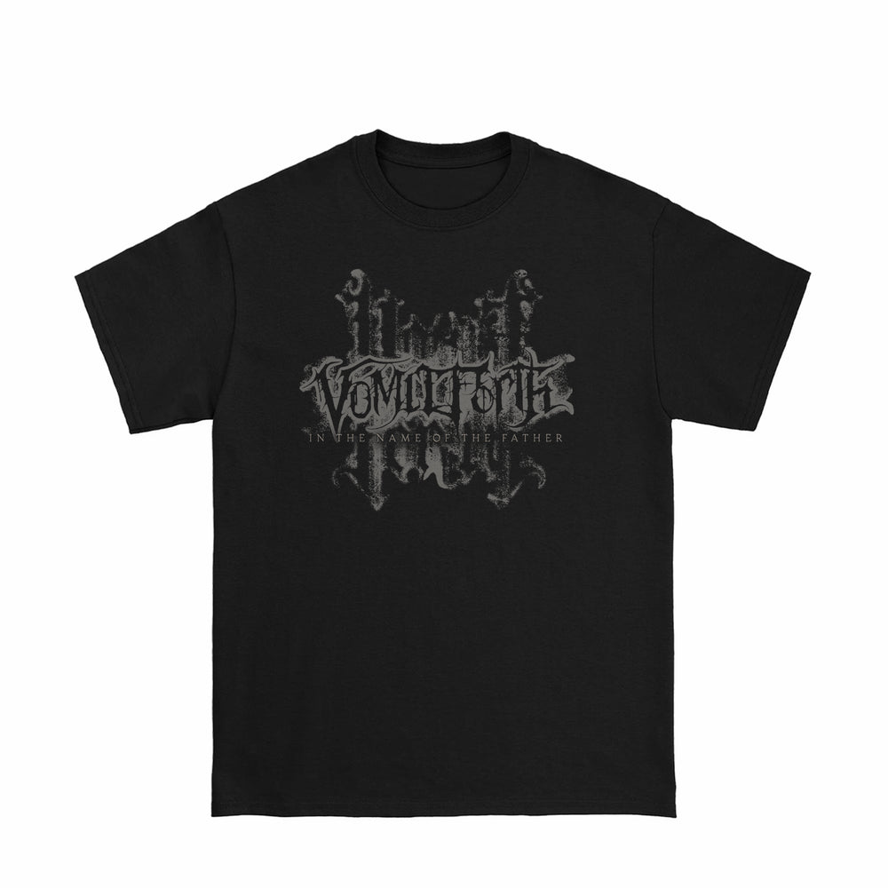 Black printed t-shirt by Vomit Forth featuring a dark gothic design with "Volition" and "In The Name Of The Father" in ornate gray lettering on premium, soft Comfort Colors fabric.