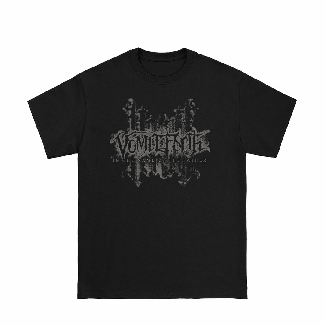 Black printed t-shirt by Vomit Forth featuring a dark gothic design with "Volition" and "In The Name Of The Father" in ornate gray lettering on premium, soft Comfort Colors fabric.