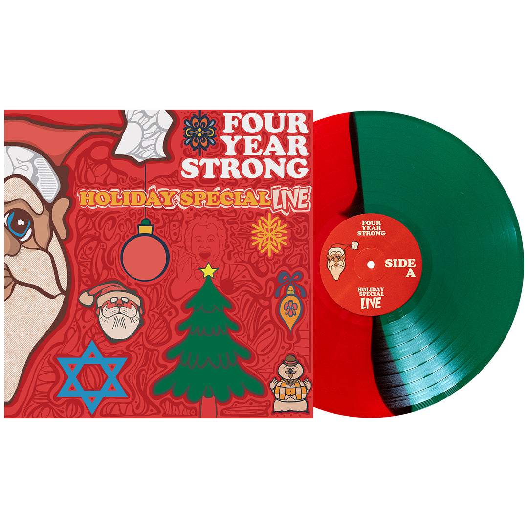A Live Half Red / Half Green vinyl by Four Year Strong sits beside its cover, featuring Four Year Strong Holiday Special text and festive holiday icons on a bold red background.