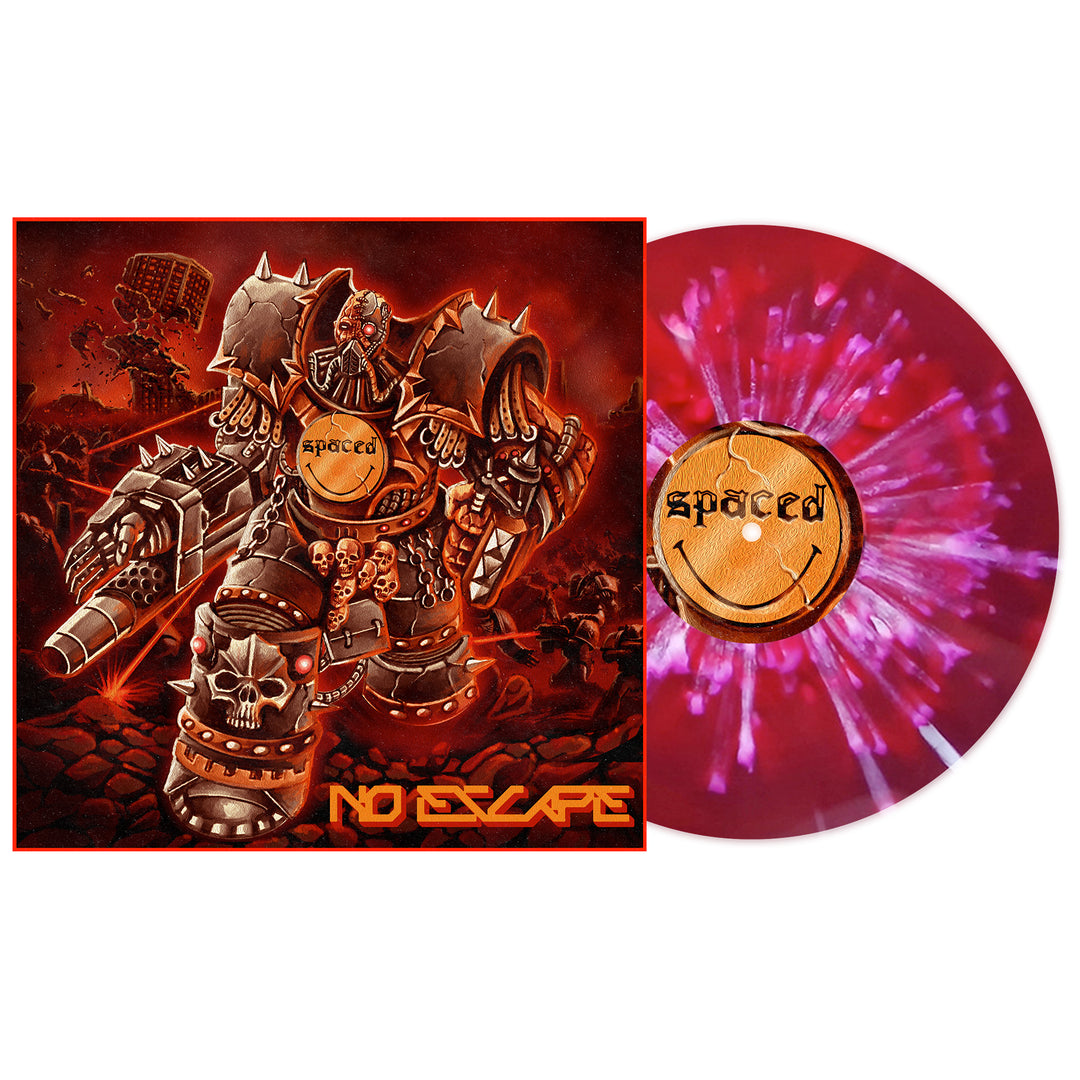 Spaced’s No Escape album cover shows an armored warrior in a fiery, skull-filled landscape. Next to it is the splattered red and purple No Escape vinyl LP with Spaced’s logo. Album presale available now.
