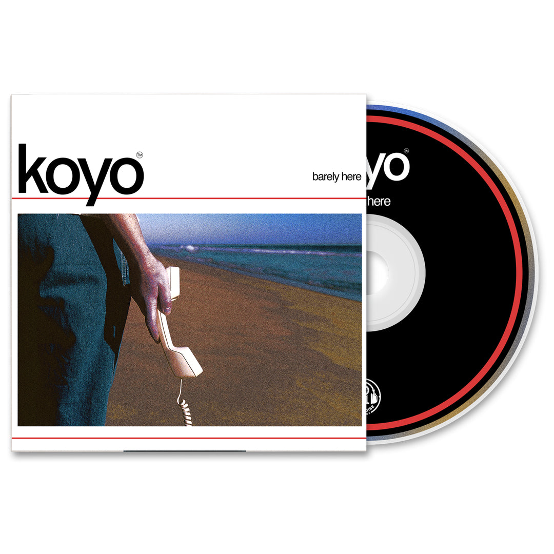 A KOYO Barely Here CD and case, featuring cover art of a person with a white corded phone on a beach with ocean and sand—ideal for collectors, fan bundles, or album presale offers.