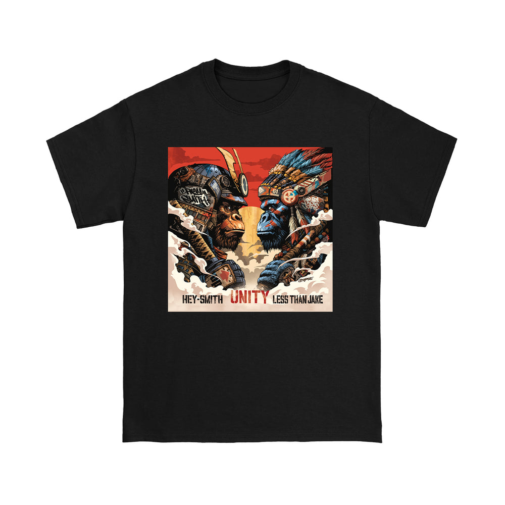Black Gildan Heavy T-shirt from Less Than Jake featuring stylized artwork of a human and gorilla in profile, with “HEY-SMITH UNITY LESS THAN JAKE” printed below on a red and cream background.