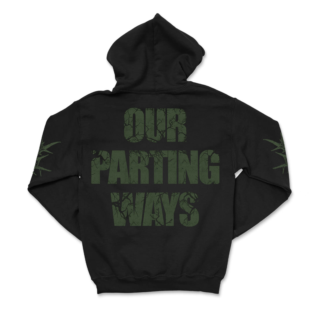 A black hoodie from 156/Silence, this Independent Trading Co. sweatshirt features bold, distressed green "OUR PARTING WAYS" text on the back and thorn-like green designs on the sleeves near the elbows.
