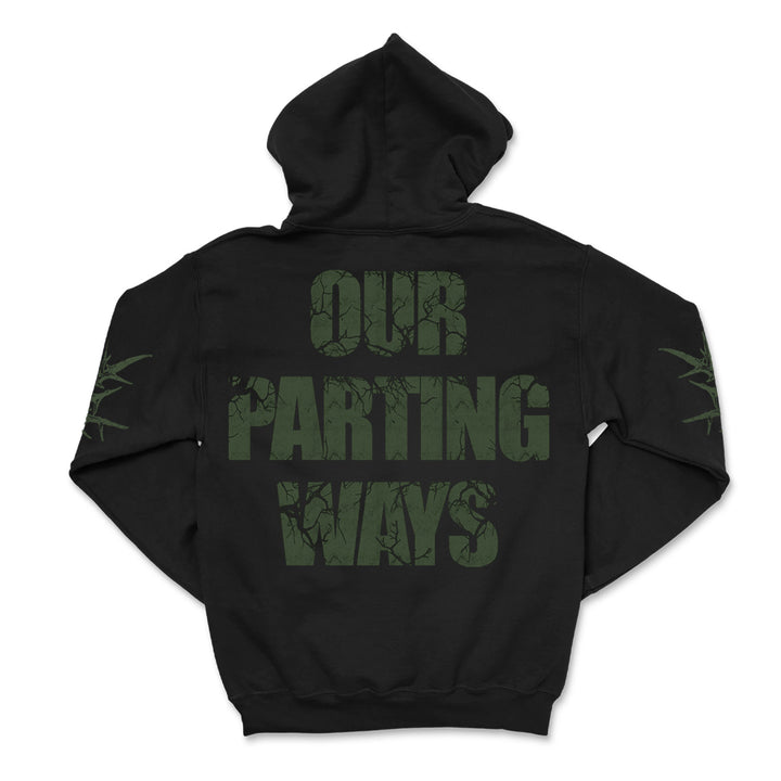 A black hoodie from 156/Silence, this Independent Trading Co. sweatshirt features bold, distressed green "OUR PARTING WAYS" text on the back and thorn-like green designs on the sleeves near the elbows.