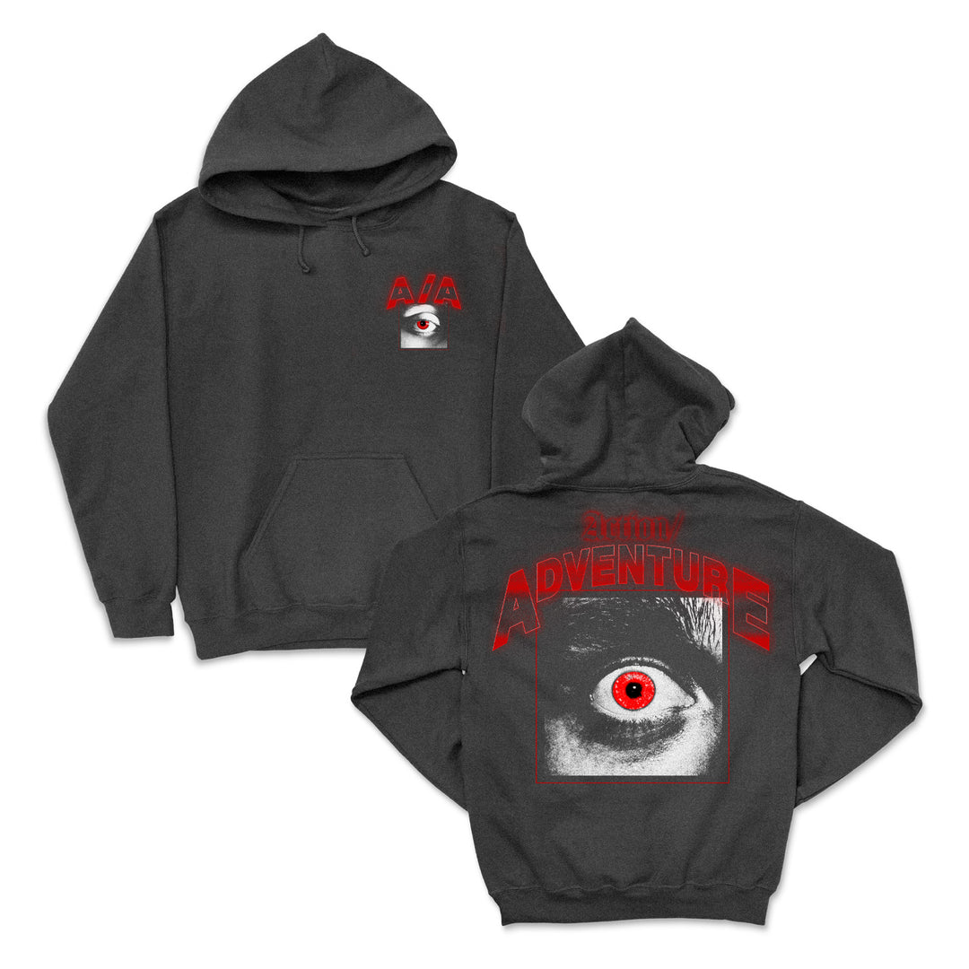 Action/Adventure Charcoal Heather hoodie with a front red-outlined eye and AAA above it. Back features a bold black-and-white eye with red iris and ADVENTURE in red—ideal for your next Ever After.