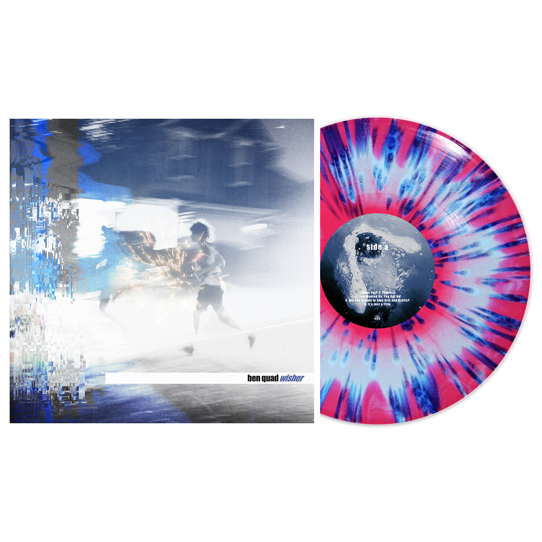The Ben Quad album wistful cover shows a blurred figure running at night, beside a striking Baby Pink Vinyl LP with bold blue and purple splatter accents.