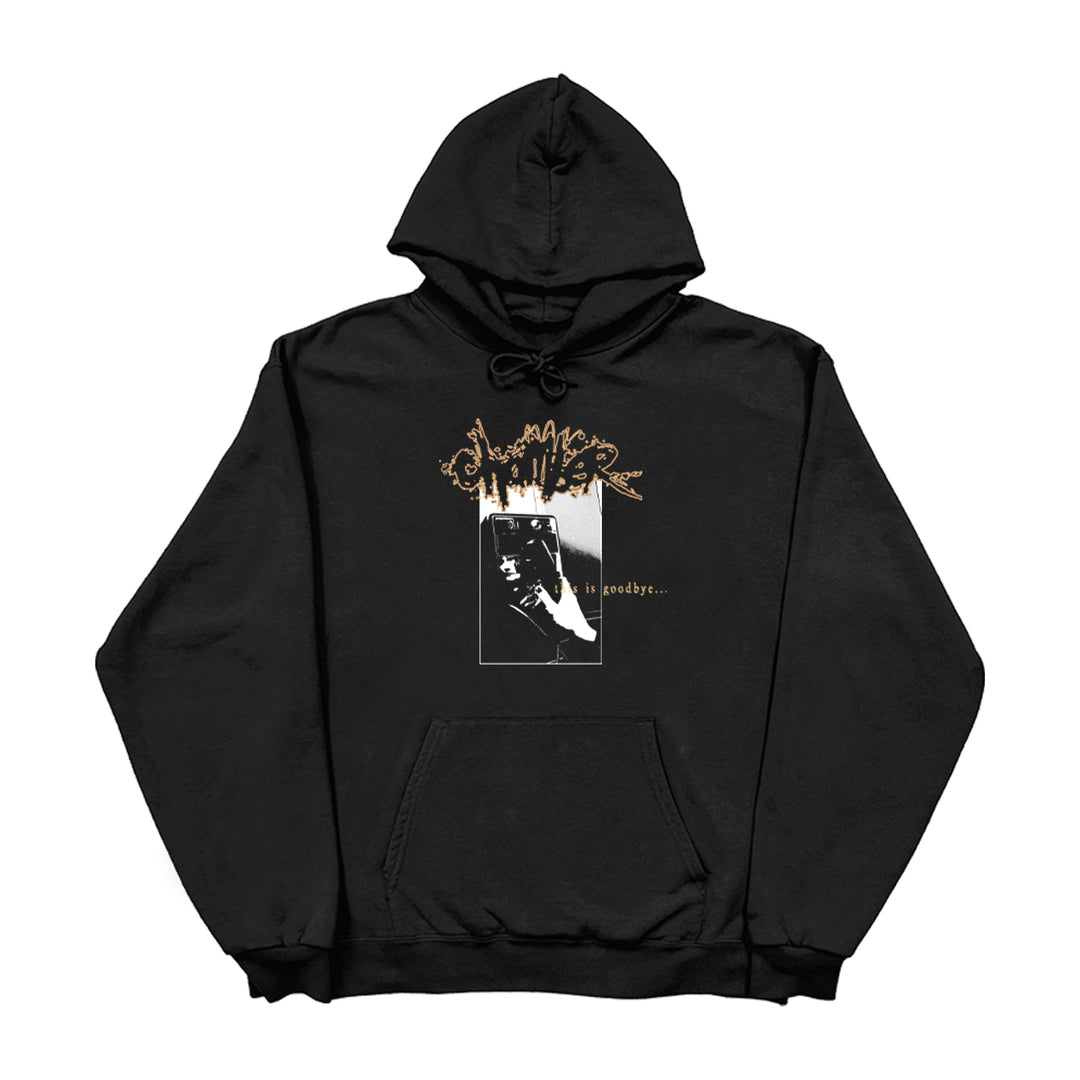 Black hooded printed sweatshirt by Chamber, featuring stylized brown graffiti text and a black-and-white photo of a man's face with “is goodbye...” in yellow below the image.