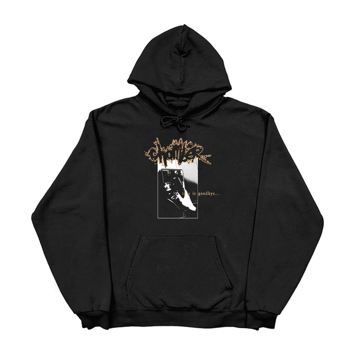 Black hooded printed sweatshirt by Chamber, featuring stylized brown graffiti text and a black-and-white photo of a man's face with “is goodbye...” in yellow below the image.