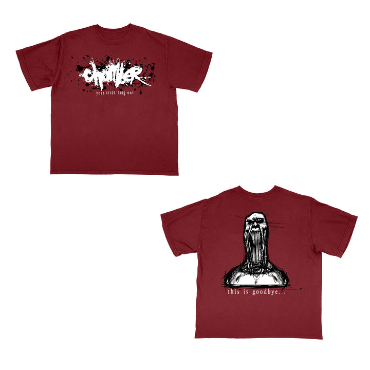 Two red Chamber Comfort Colors printed t-shirts, front and back shown: the front has splattered white graffiti-style text with small black details; the back shows a black and white illustration of a screaming figure above “this is goodbye.”.