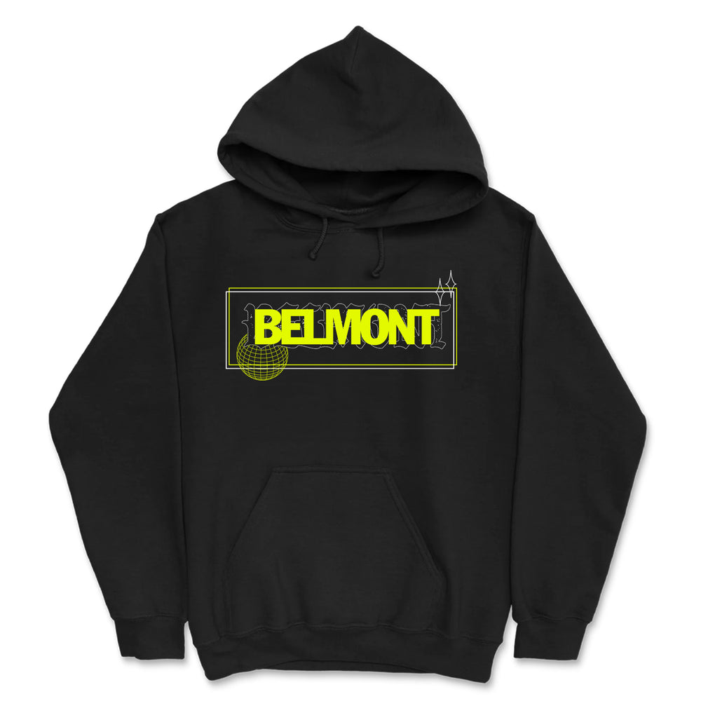 A black Belmont pullover hoodie with BELMONT in bold yellow letters outlined in green, plus a wireframe globe and geometric shapes as part of the Mask Pullover design on the chest.