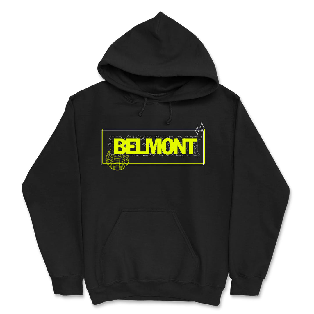 A black Belmont pullover hoodie with BELMONT in bold yellow letters outlined in green, plus a wireframe globe and geometric shapes as part of the Mask Pullover design on the chest.