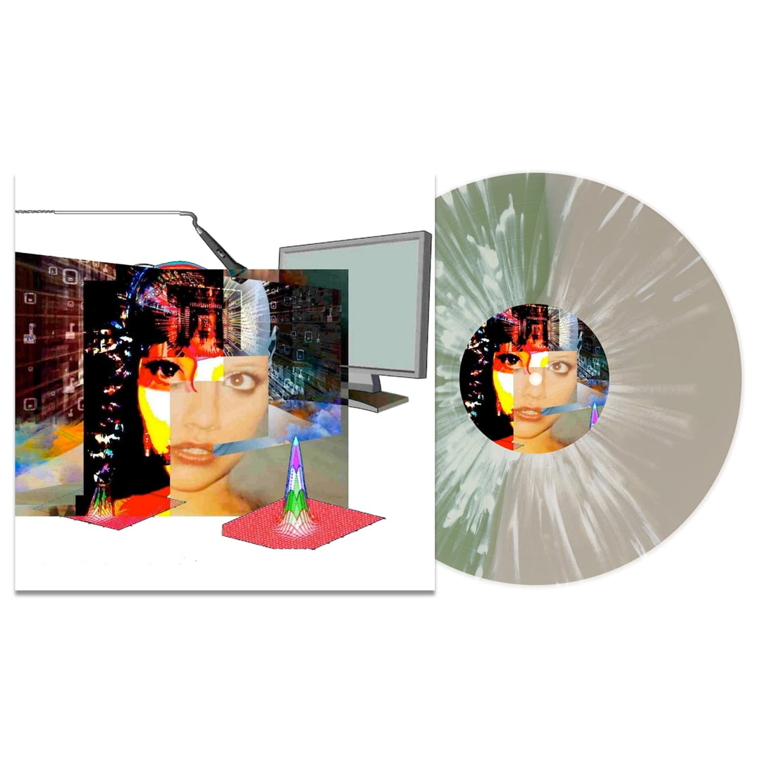 Soulkeeper vinyl record with cover art showcasing a digital collage of a womans face, 3D shapes, grids, and a computer screen. Deluxe marble splatter vinyl features the same face at its center.