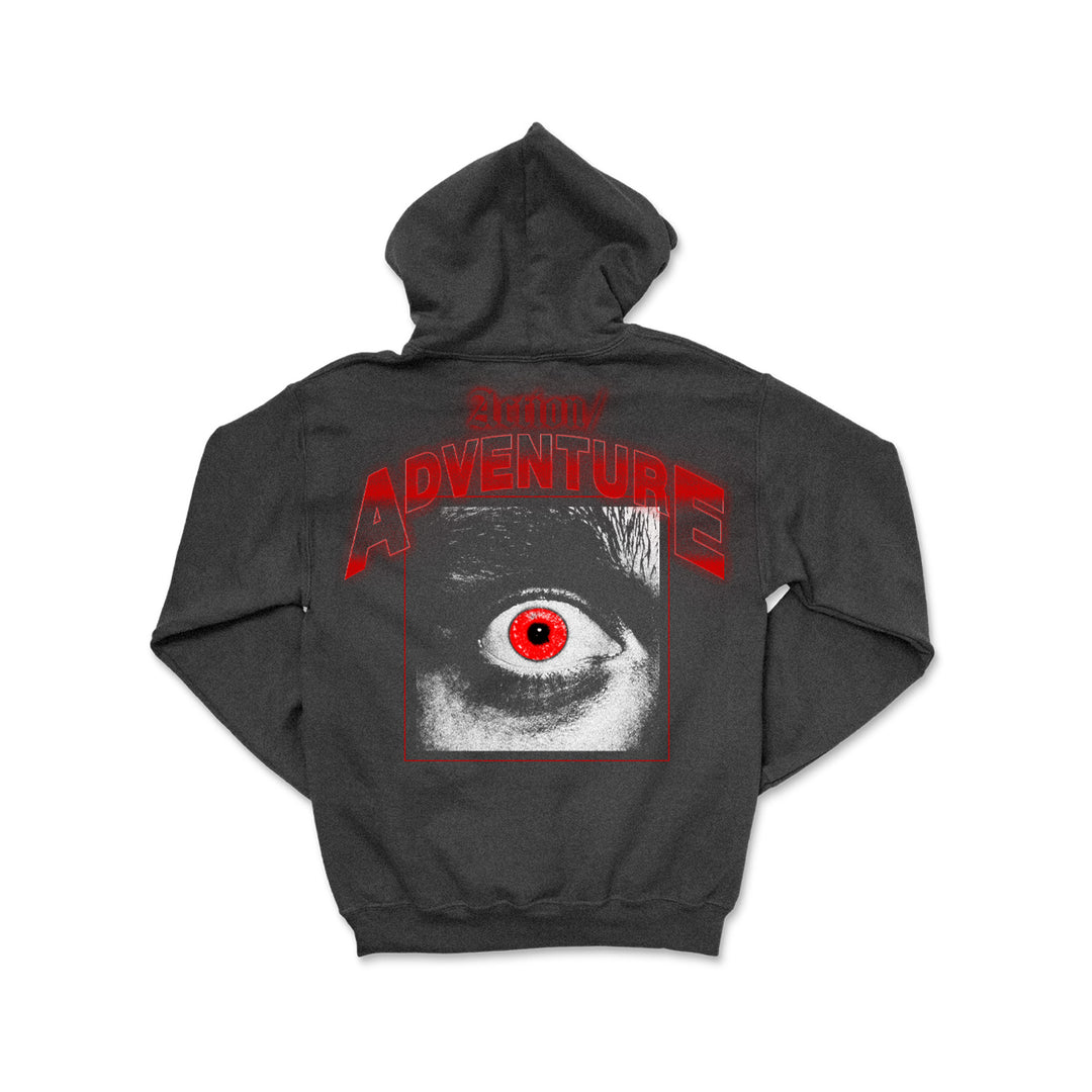 A Charcoal Heather hoodie from Action/Adventure with a bold red ADVENTURE text and a large human eye graphic with a red iris on the back—a striking pick for your next Ever After.