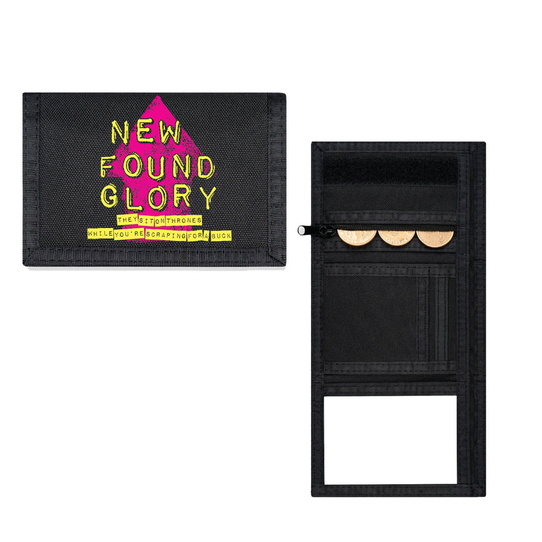 A black New Found Glory wallet with bold yellow and pink text on the front. The Listen Up wallet, shown open and closed, includes slots for cards, coins, and an ID window inside.