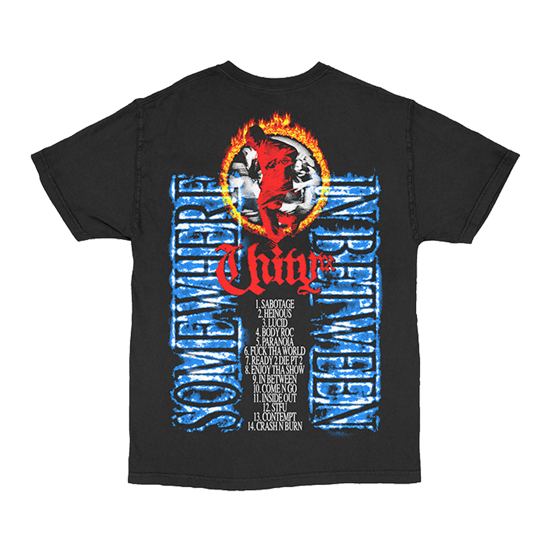 UNITYTX black printed t-shirt on Comfort Colors fabric, featuring a red and white man's face in a flaming ring. "Chill" in red with song list below, and blue "Somewhere In Between" text runs along the sides.