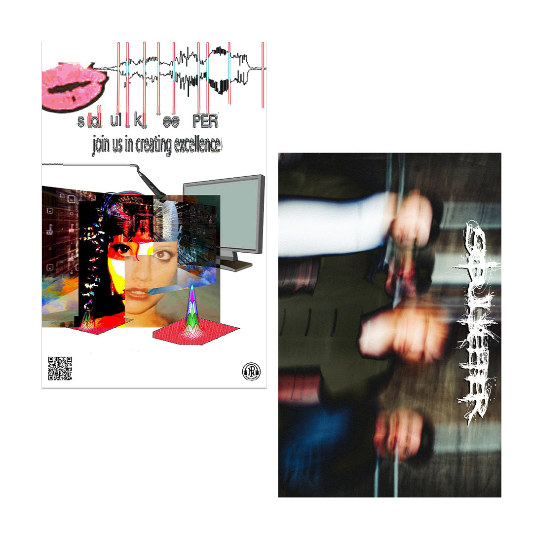 Two Soulkeeper digital art posters: the left shows glitchy, layered images of a womans face and computers with join us in creating excellence. The right features two blurred figures under bold, stylized white text.