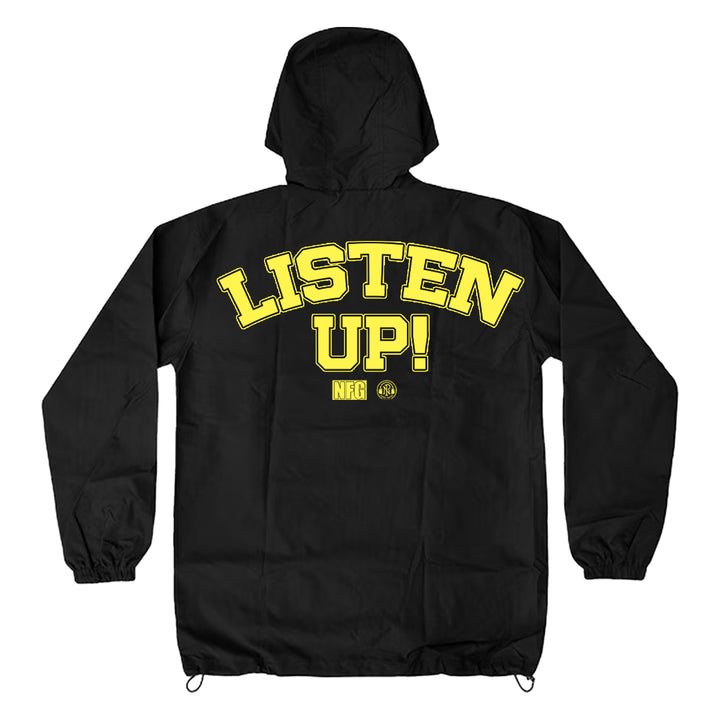 A black windbreaker by New Found Glory featuring bold yellow "LISTEN UP!" text on the back, with smaller yellow block letters "NFG" and a small circular logo beneath.