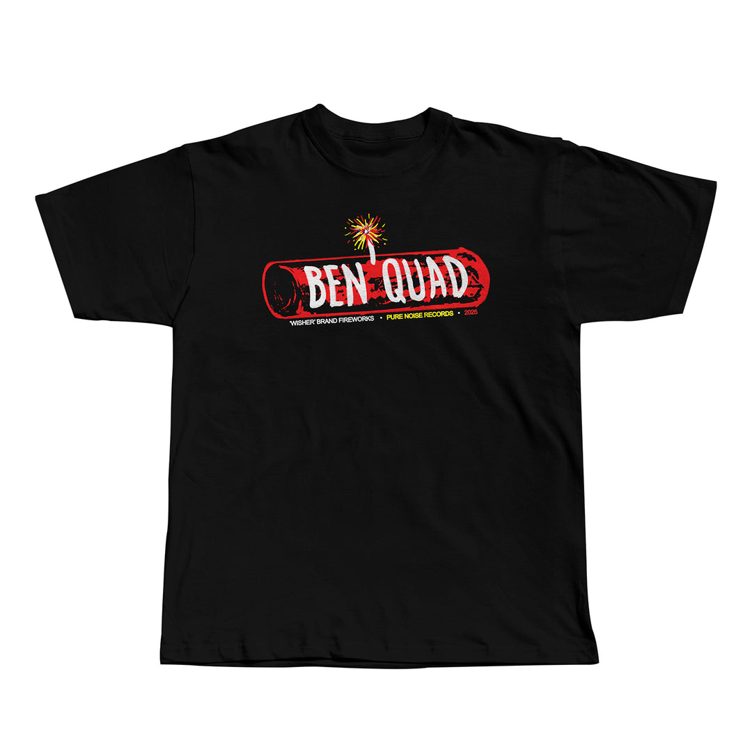 Ben Quad M80 Black T-shirt with a red firecracker graphic, BEN QUAD inside the firecracker, and Midwest Emo & Fireworks - Pure Noise Records in smaller text.