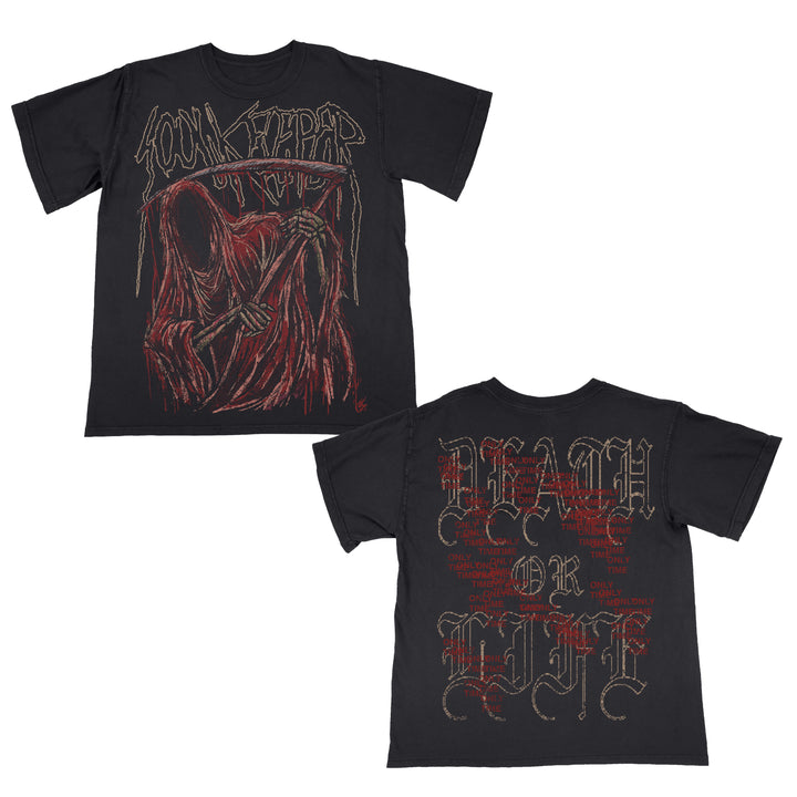 The front of this Soulkeeper Comfort Colors tee shows a red-hooded grim reaper and band logo, while the back displays bold, distressed “DEATH OR DIE” text over a vivid red splatter pattern.