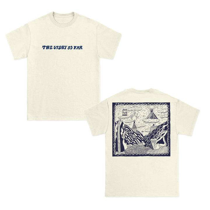 Front of an off-white The Story So Far tee with blue text; back features a blue-and-white illustrated scene with mountains, water, a ship, tents, and abstract patterns.