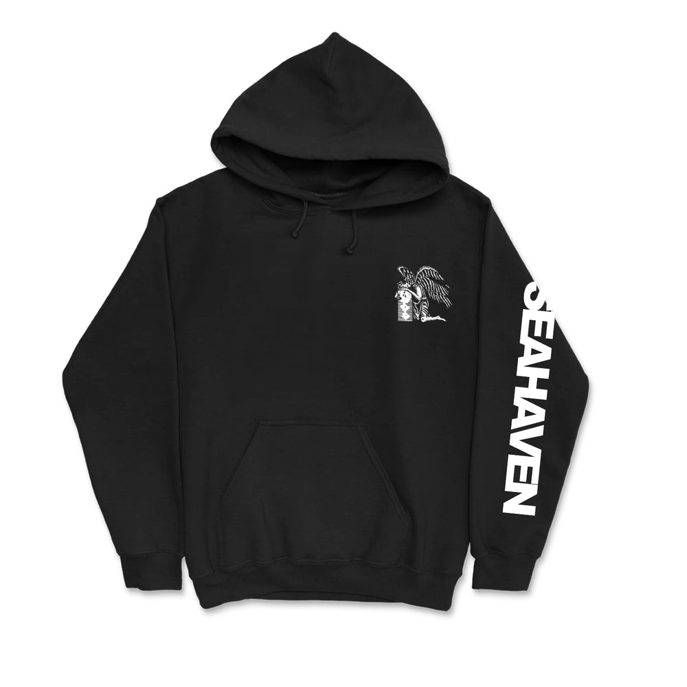 Seahaven black midweight pullover hoodie featuring a white angel and person graphic on the left chest, SEAHAVEN in bold white letters on the right sleeve, front pocket, and drawstring hood. Made by Independent Trading Company.