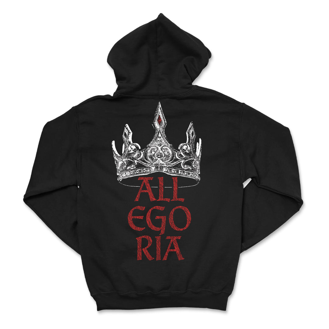 A black Unwell hoodie featuring a detailed silver crown and red gem graphic on the back, above ALLEGORIA in bold, red distressed letters—custom apparel for standout style.