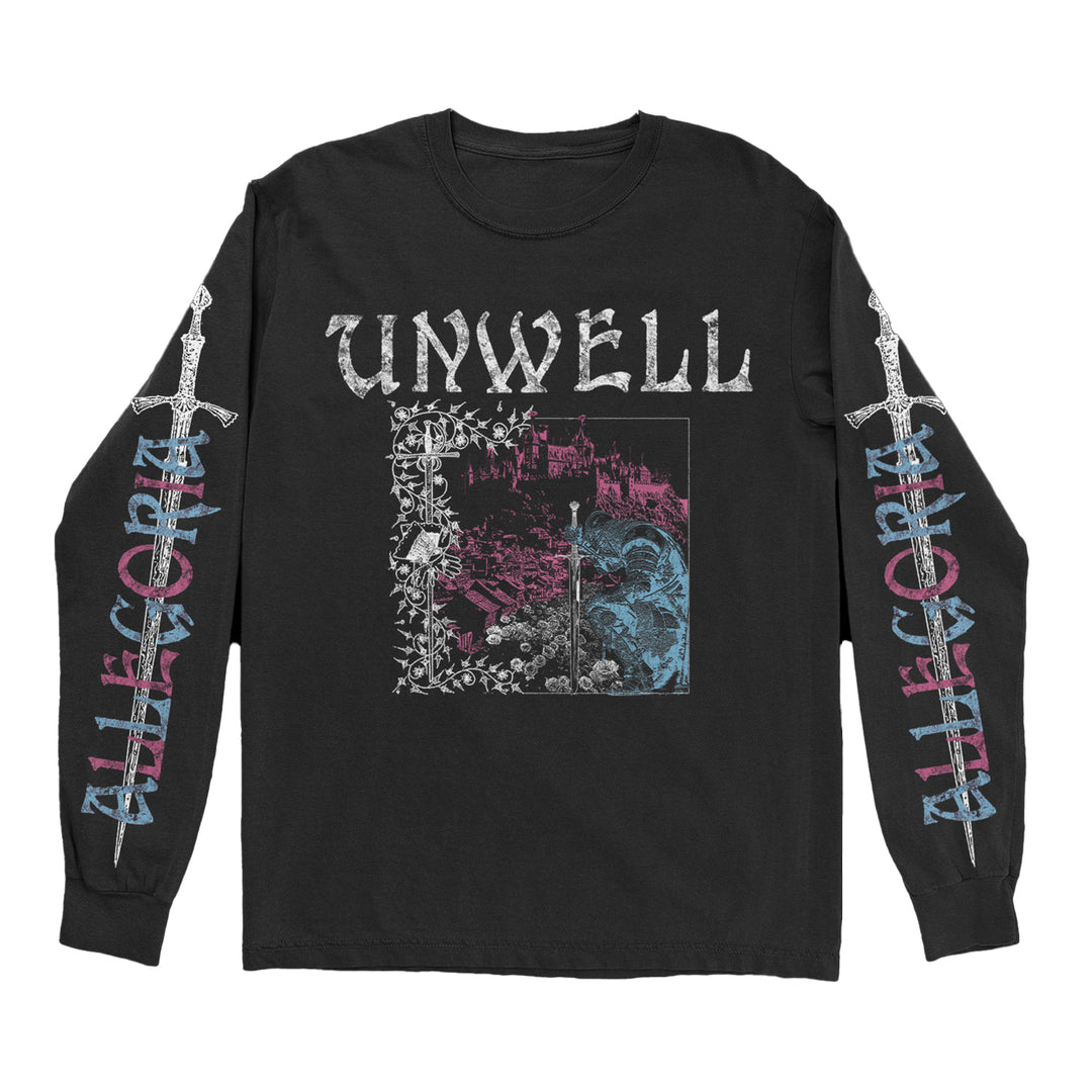 A black Unwell long-sleeve shirt featuring “UNWELL” in bold white letters above a pink and blue gothic illustration. Swords and “ALLEGRIA” in blue and red, inspired by Allegoria Black fragrance, appear along both sleeves.