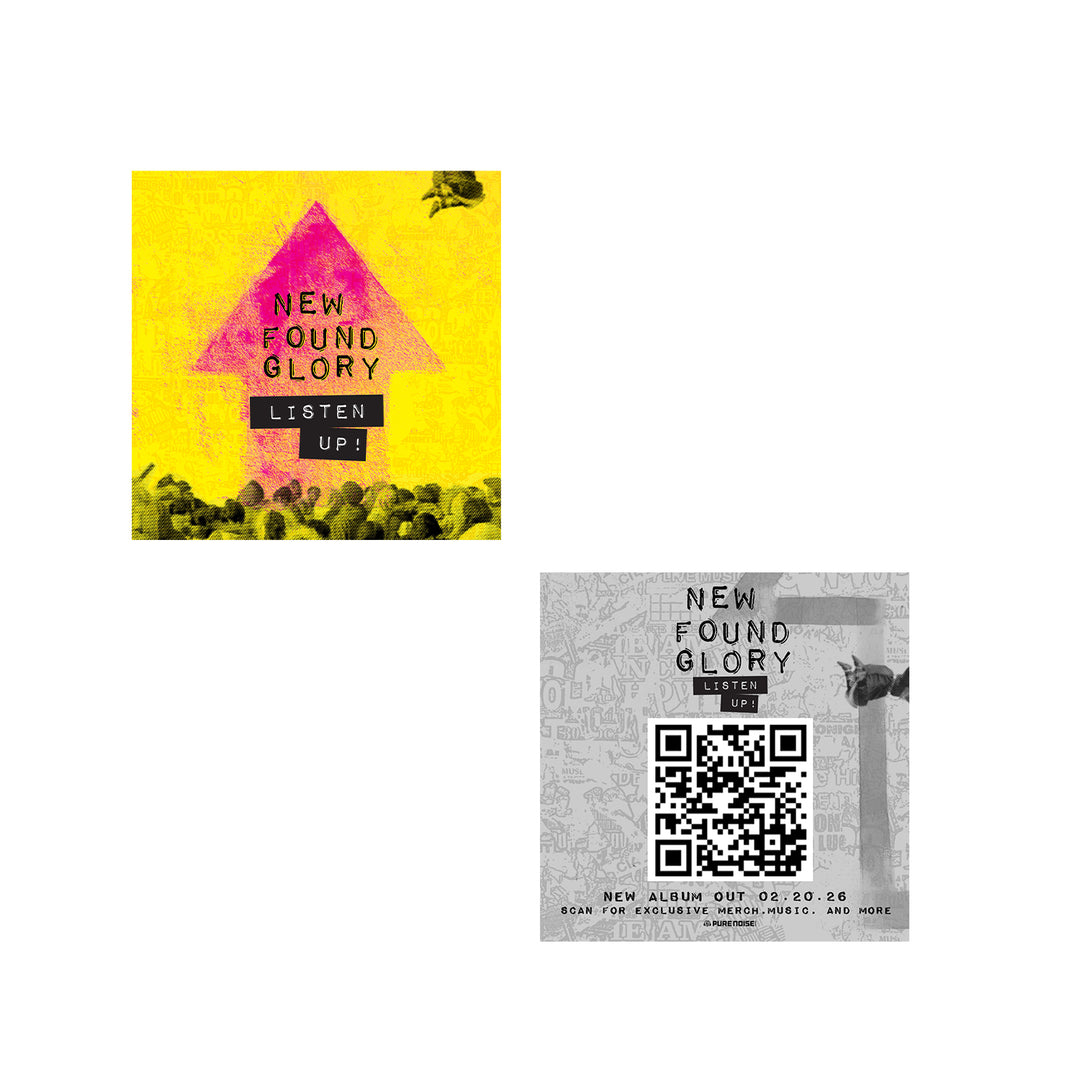 Two square graphics: one shows a pink arrow on yellow with “New Found Glory Listen Up!” and a concert crowd; the other is grayscale with a QR code and album release info for New Found Glory.