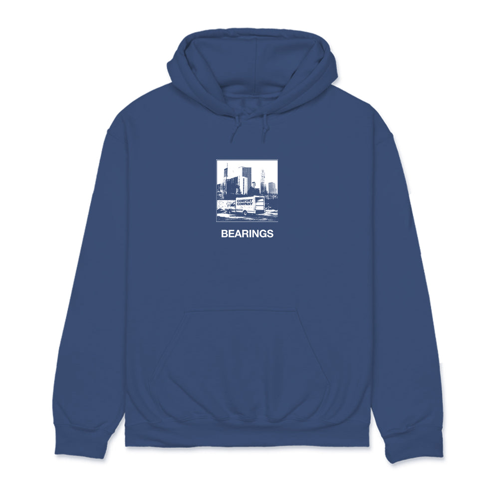 Blue hoodie from Bearings features a monochrome cityscape graphic with BEARINGS below, centered on the chest—ideal for pairing with your favorite blue cushion or wheelchair accessories.