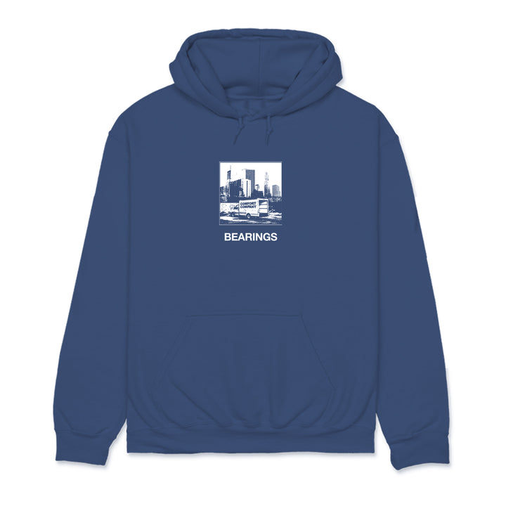Blue hoodie from Bearings features a monochrome cityscape graphic with BEARINGS below, centered on the chest—ideal for pairing with your favorite blue cushion or wheelchair accessories.
