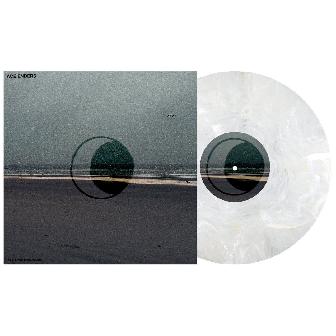 Square album cover featuring a cloudy beach scene and a black circular graphic beside a white marbled vinyl. "Ace Enders" appears in the corner. The minimalistic, atmospheric design makes it ideal for an album release.