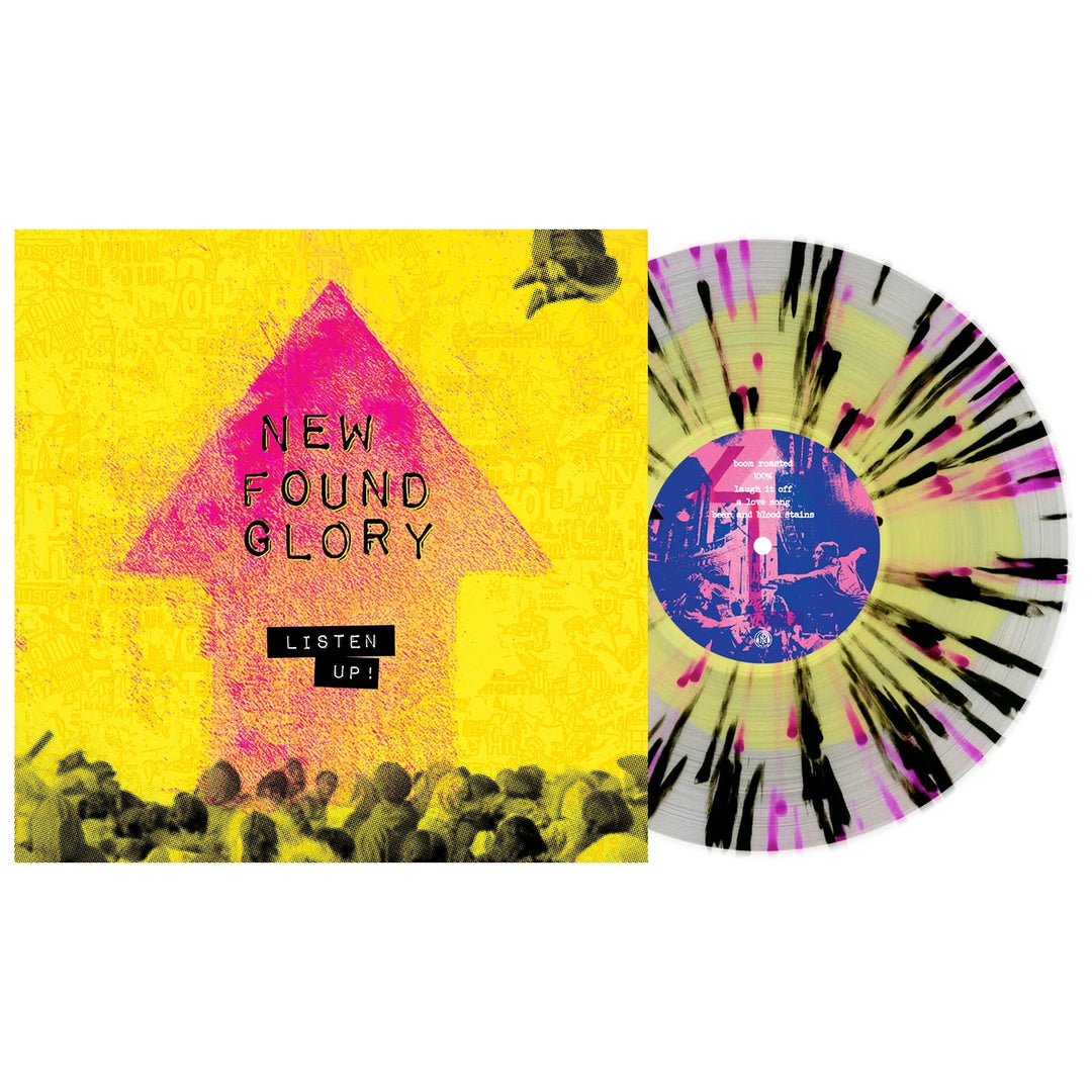 A black and pink splatter vinyl LP sits next to a yellow album cover with a pink arrow and "New Found Glory - Listen Up!"—perfect for fans excited about the Listen Up! Vinyl presale.