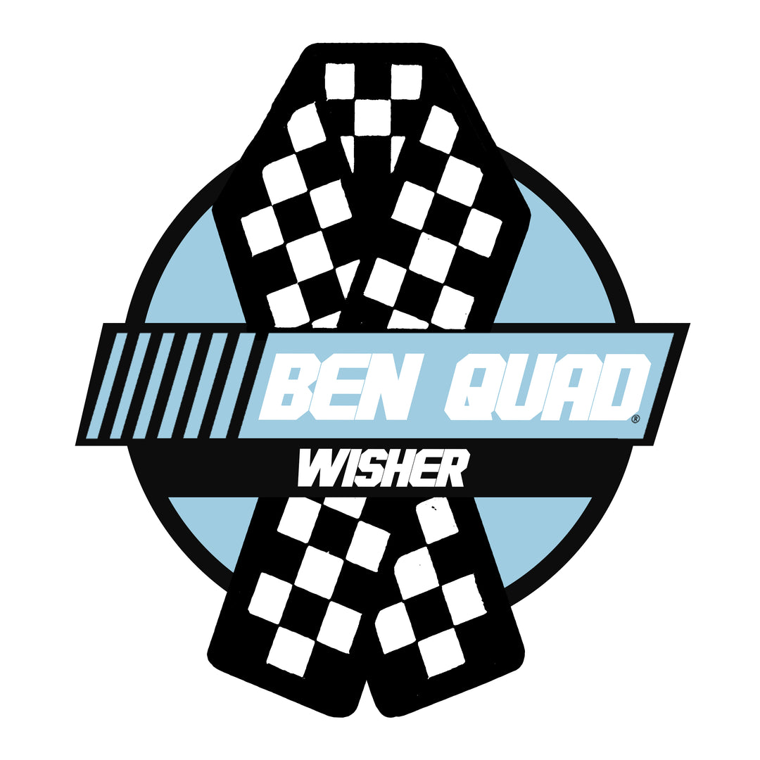 A logo resembling an enamel pin features a blue circle with a black border, two crossing checkered scarves, and bold white text "Ben Quad" across the center.