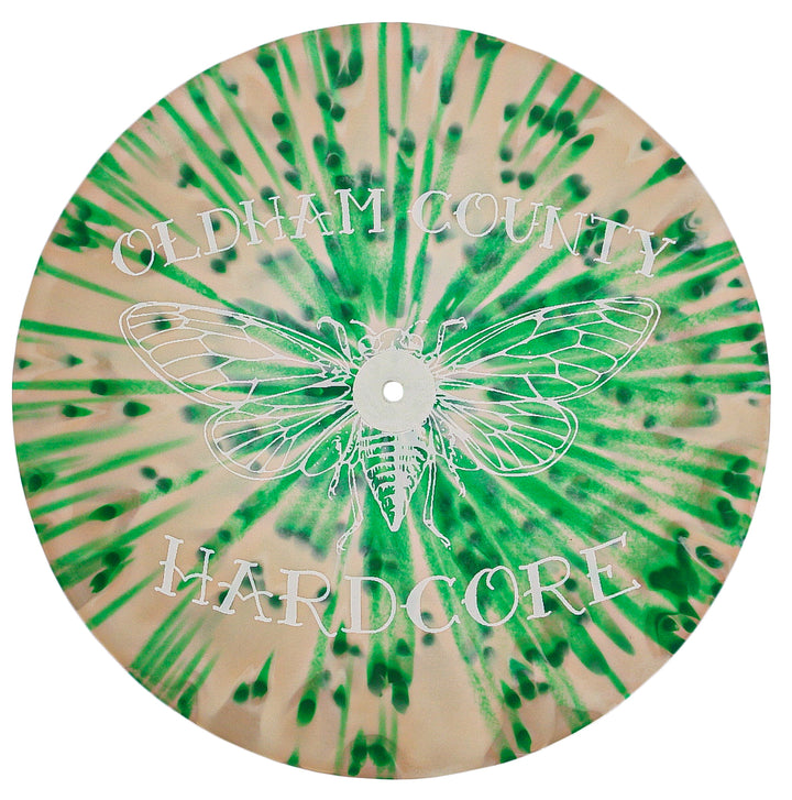 This limited edition green splatter vinyl by Knocked Loose features a white cicada drawing at the center, encircled by "OLDHAM COUNTY HARDCORE"—a must-have collector’s piece for fans and pop culture enthusiasts.