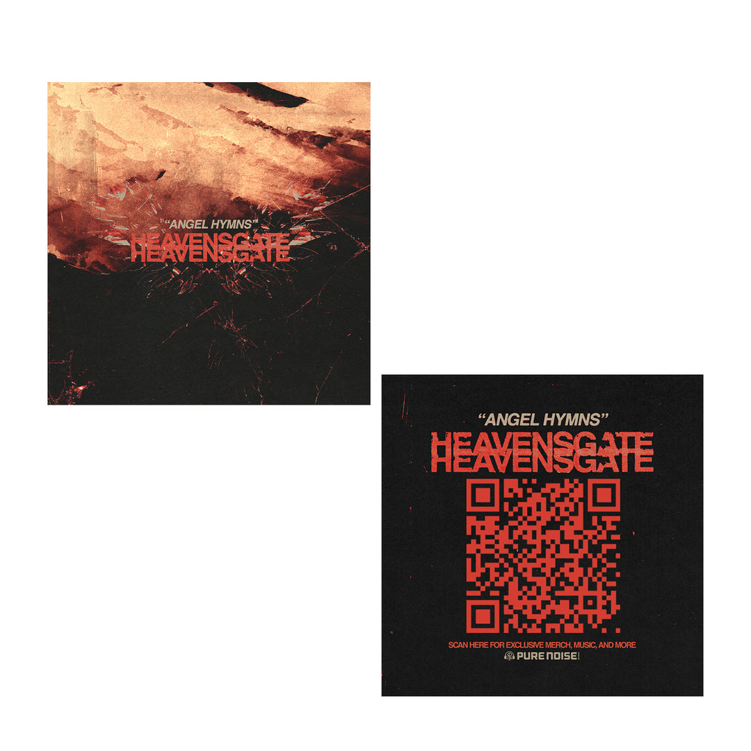 Two Heavensgate ANGEL HYMNS album covers: one with abstract red-black art and text, the other with bold red ANGEL HYMNS text and a QR code on black—scan to access music and more.