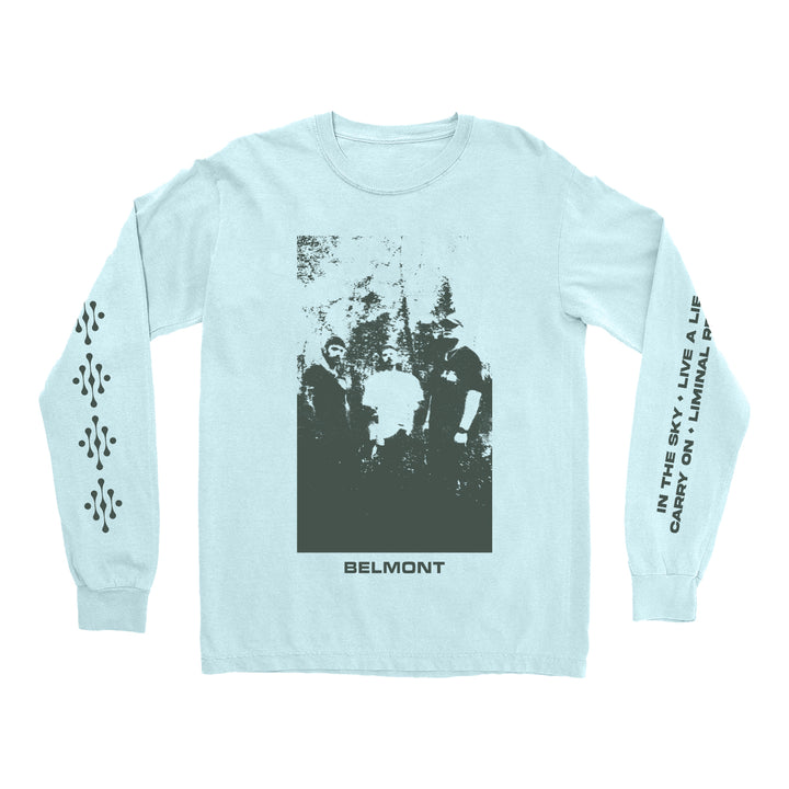 This Belmont light blue long-sleeve shirt features a black-and-white photo of four people outdoors, BELMONT and Last To Love text below the image, and patterned text printed down both sleeves.