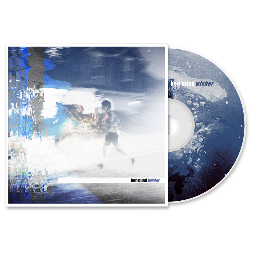 The Ben Quad Wisher CD bundle includes cover art with a blurred, glitchy figure running in a dreamy blue-and-white scene, and the CD features an abstract, water-inspired design.