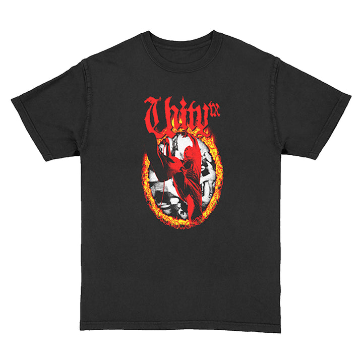 UNITYTX black Comfort Colors shirt with a graphic of a red figure inside a flaming oval, set on a black and white checkerboard background, topped with bold red stylized text.