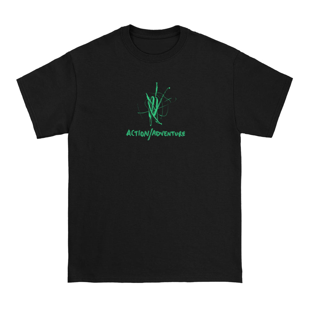 Black Action/Adventure t-shirt featuring a neon green abstract design above the bold, handwritten ACTION/ADVENTURE logo on the front—ideal for fans of big swings and outdoor adventure.