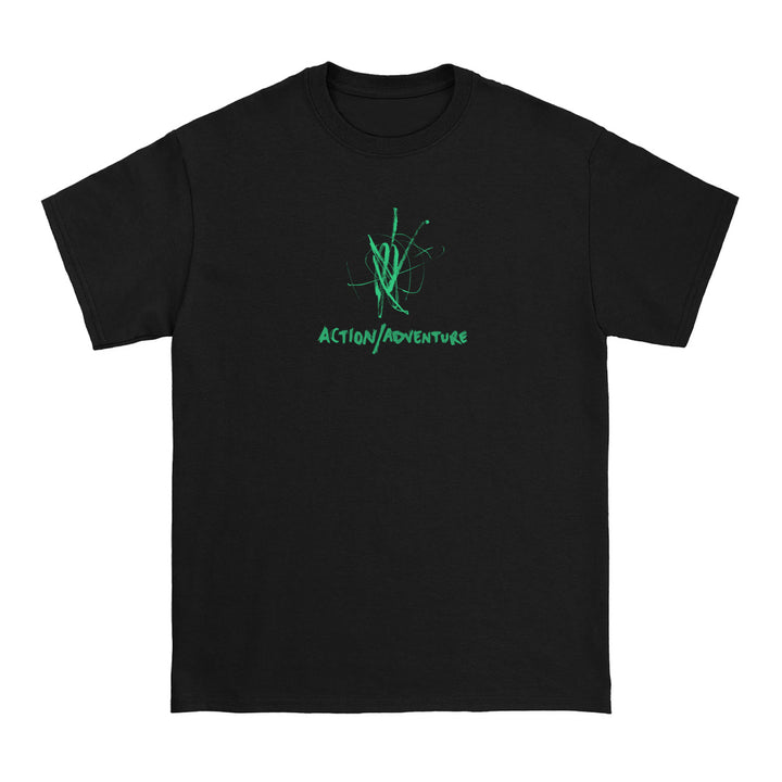 Black Action/Adventure t-shirt featuring a neon green abstract design above the bold, handwritten ACTION/ADVENTURE logo on the front—ideal for fans of big swings and outdoor adventure.
