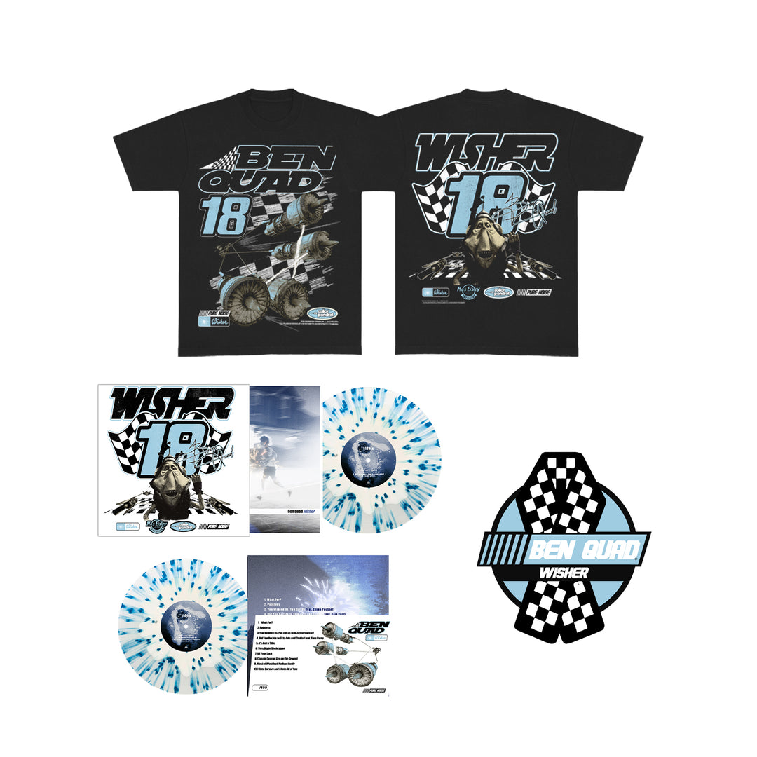 Ben Quad black Comfort Colors t-shirt with racing-themed “Ben Quad 18 Wisher” design, plus blue splatter vinyl records, album cover, lyric sheet, and sticker—all featuring matching racing graphics and checkered flag accents.