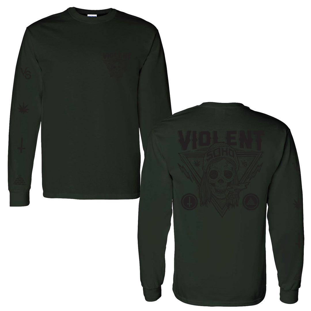 This Violent Soho long sleeve Gildan shirt features a large skull graphic on the back, a small front left chest logo, and subtle sleeve symbols.
