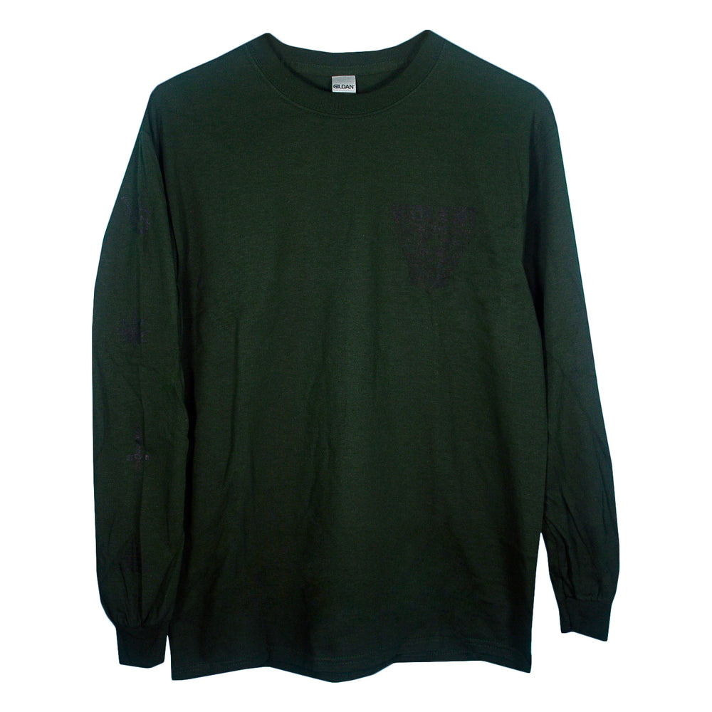A Violent Soho heavy long sleeve crewneck t-shirt in forest green with a small pocket on the left chest, displayed against a white background.