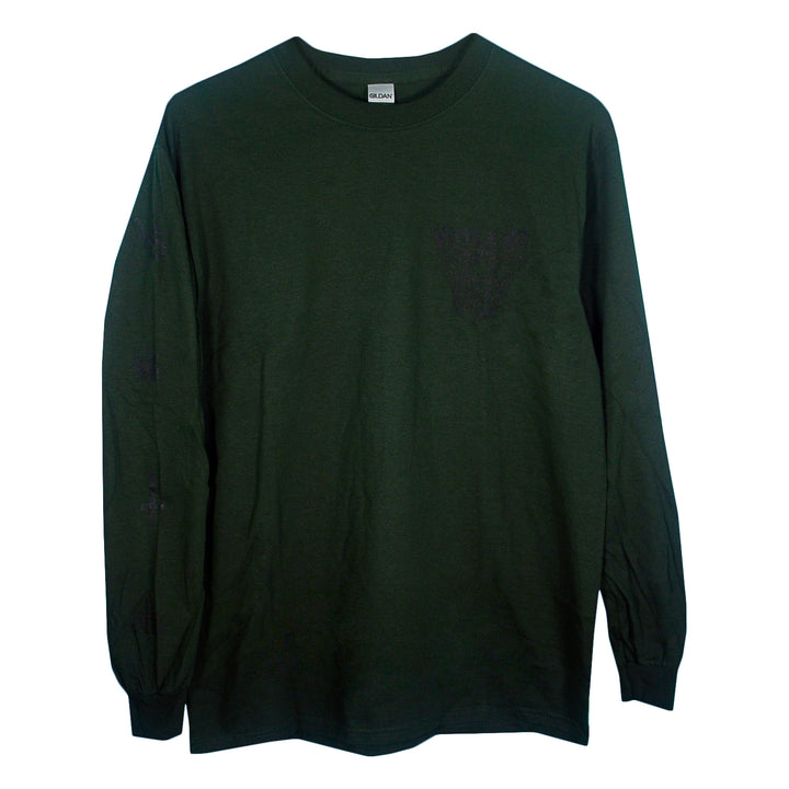 A Violent Soho heavy long sleeve crewneck t-shirt in forest green with a small pocket on the left chest, displayed against a white background.