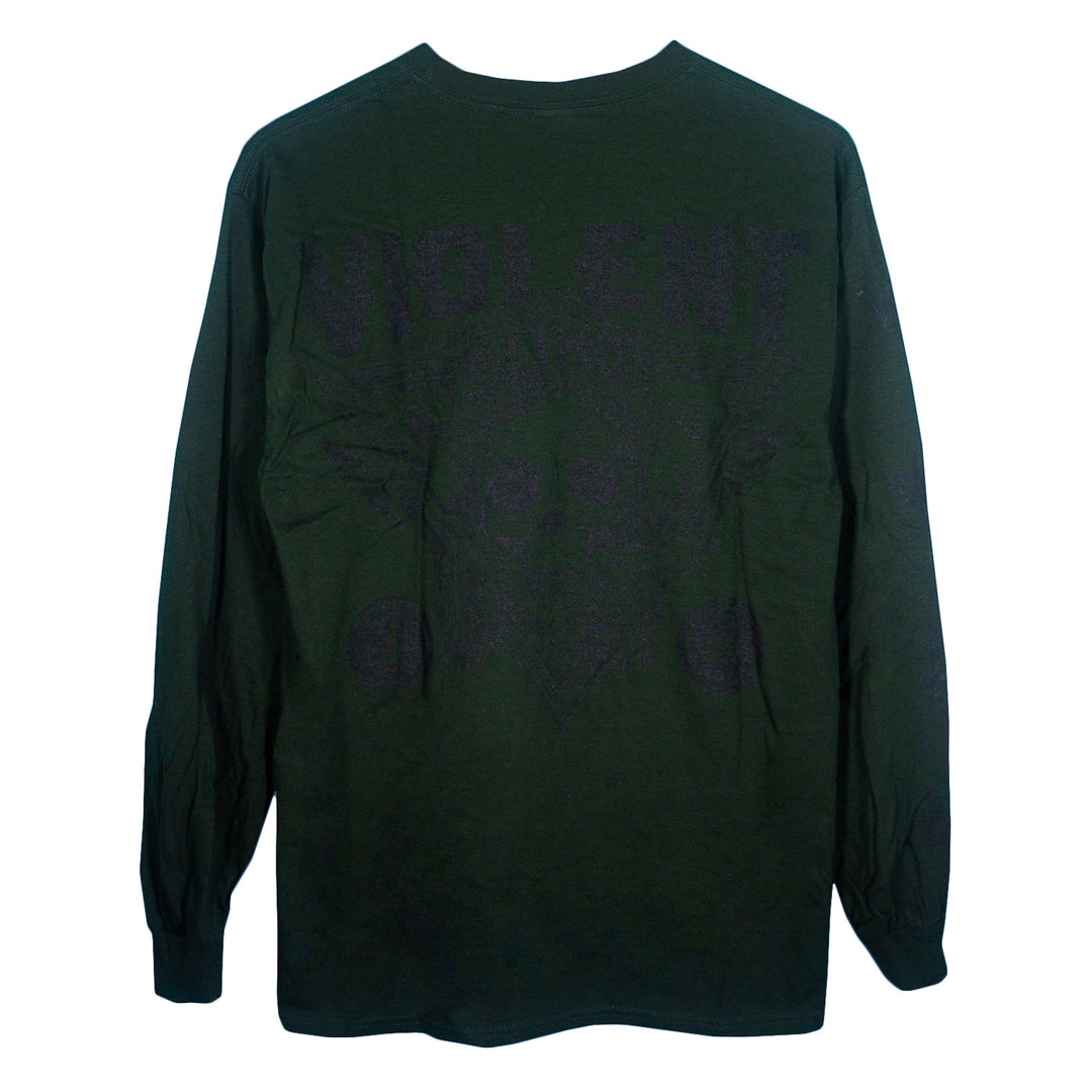 A forest green Violent Soho Gildan heavy long sleeve shirt with subtle black print on the back, VIOLENT at the top and faded designs beneath.