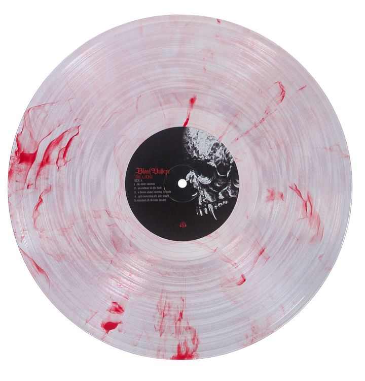 Clear vinyl record with bloodshot marble red smoke-like swirls and a center label featuring a skull illustration and a tracklist.
