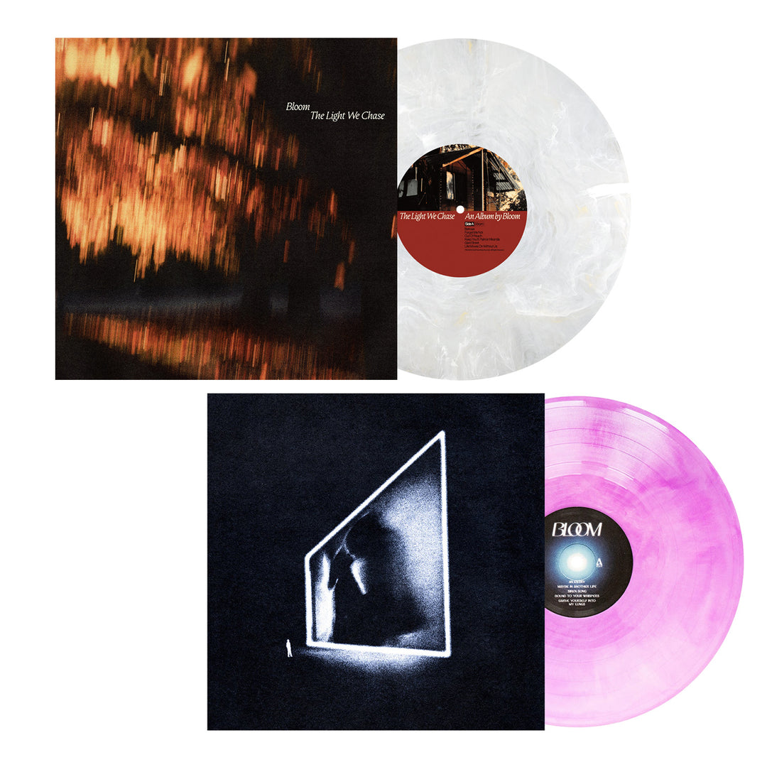 Two Pure Noise Records vinyls with covers: The Light We Chase has a blurry golden light design and a white marbled Golden Pearl Vinyl; below it, a glowing rectangle on black pairs with translucent purple vinyl.