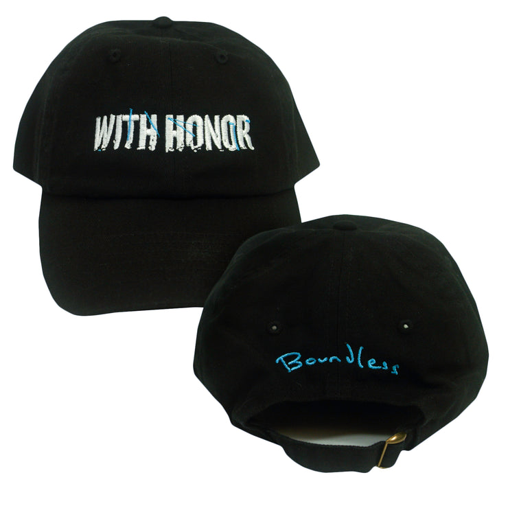 With Honor Boundless Black Dad Hat. With Honor text in white is embroidered across the front. boundless in light blue is embroidered over the hole in the back. 