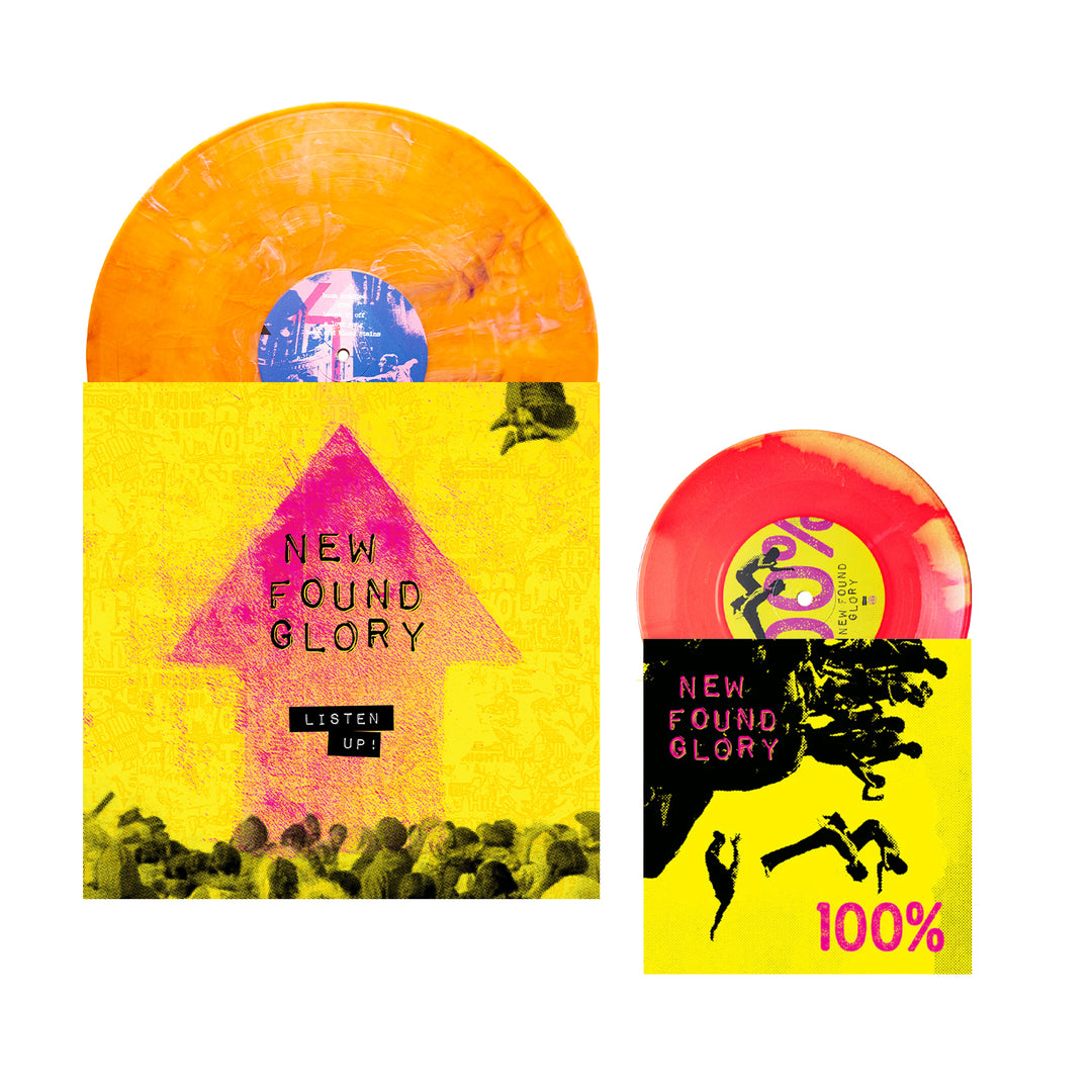 The New Found Glory Tropical Sunset Deluxe Vinyl set features two colorful records—orange and red—in vivid yellow sleeves: the large with the band's name, arrow, and crowd; the small with "100%" and a jumping figure.