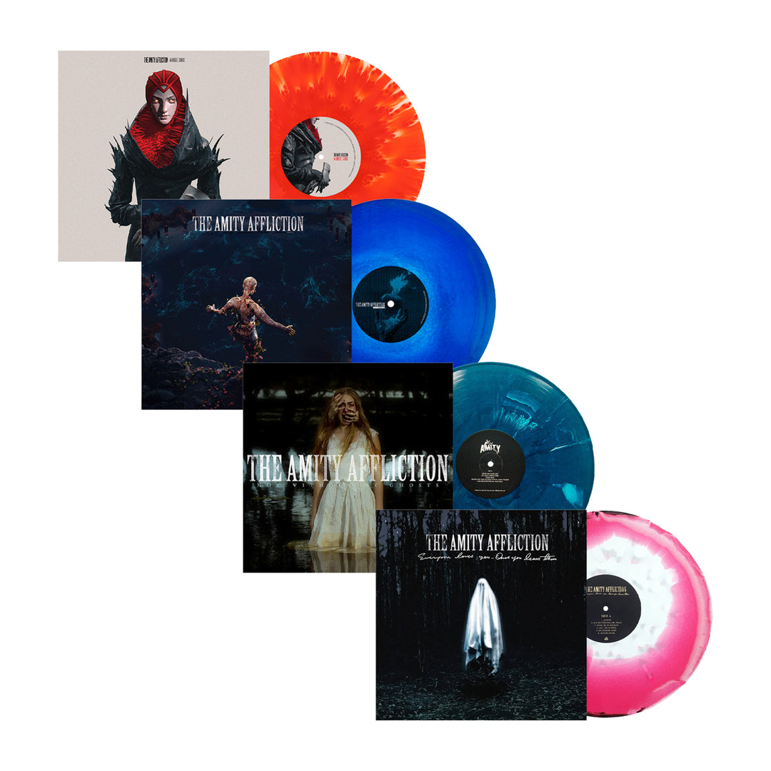 Five The Amity Affliction vinyl records, featuring Let The Ocean Take Me and a Cloudy Blood Red Vinyl, with vibrant red, blue, turquoise, and pink splatter marble LPs arranged diagonally on a white background.